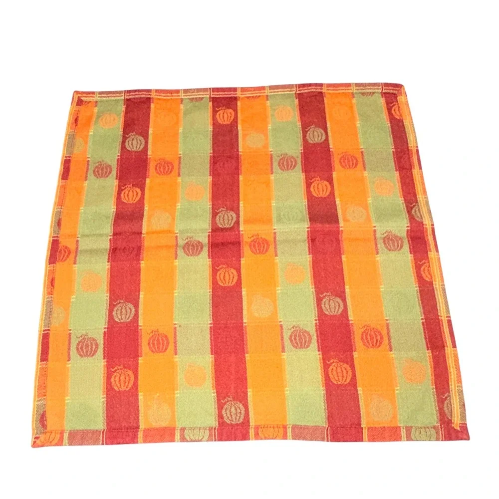 8 Vtg Fall Harvest Plaid Cloth Napkins Pumpkin Leaf Orange Red Green Square